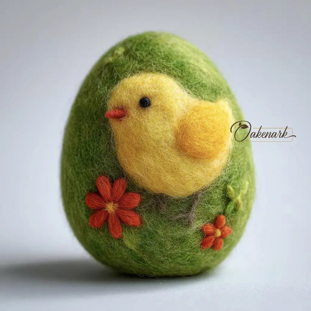 Decorative egg with a felted chick and flowers on a white background