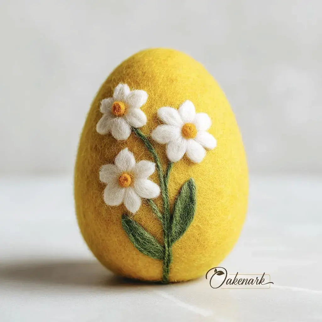 Yellow felted egg with embroidered white flowers and green leaves on a light background