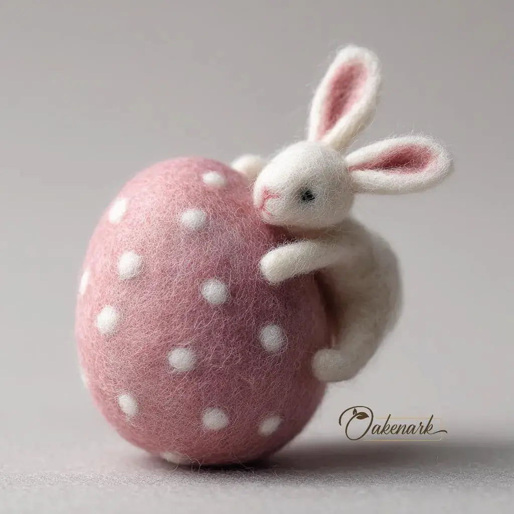 Felted rabbit toy on a pink polka dot ball with 'Oakenark' branding.