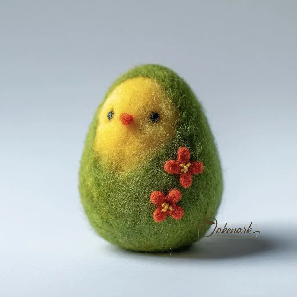 Felted green chick with yellow face and red flowers on a light gray background