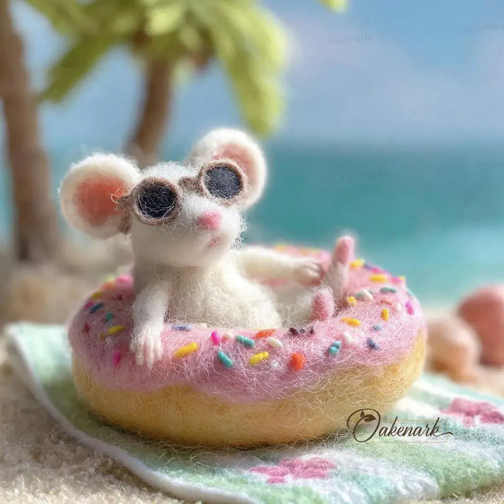 Small animal figure sitting on a colorful donut with a beach background