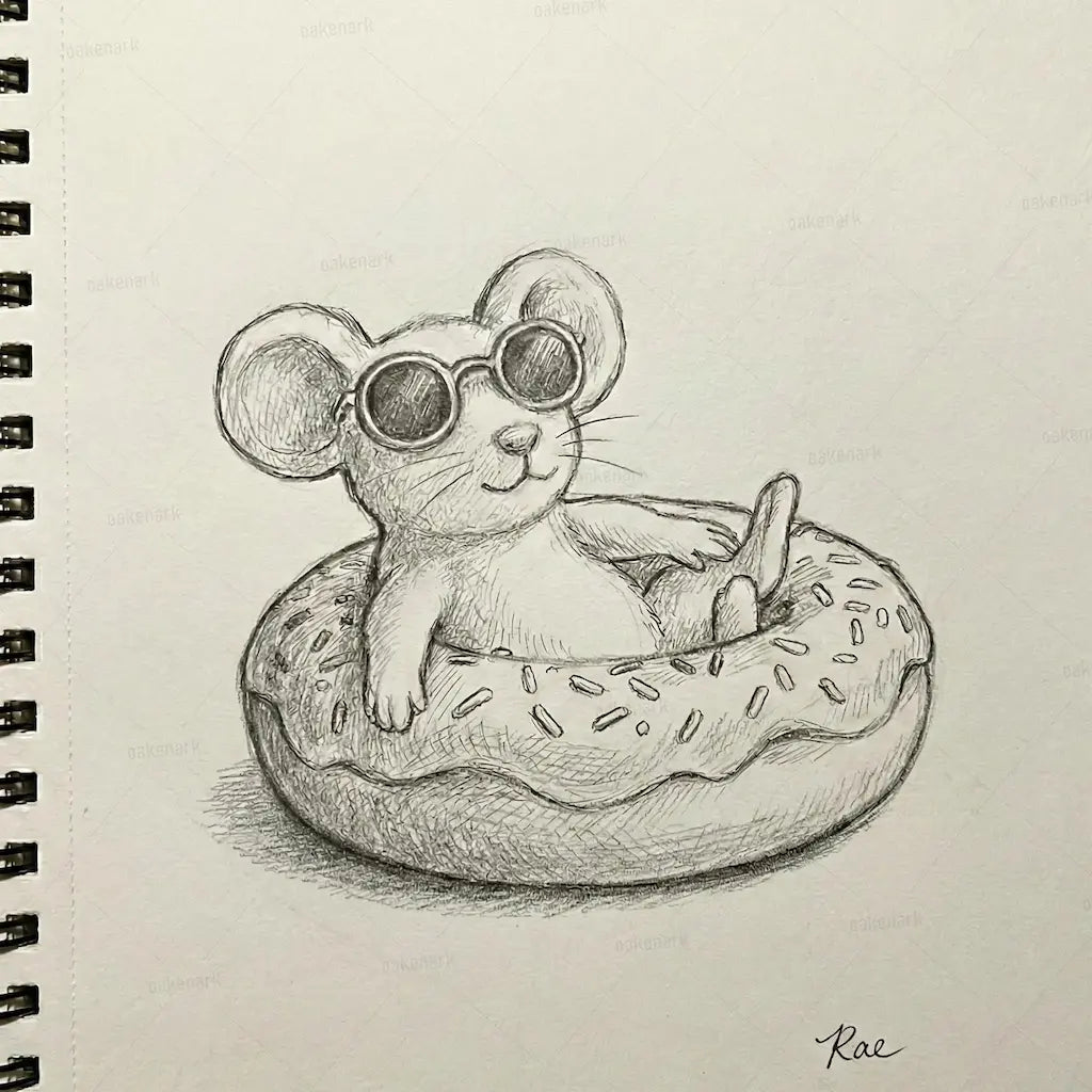 Illustration of a mouse in sunglasses on a donut, drawn in pencil on a spiral-bound notebook.