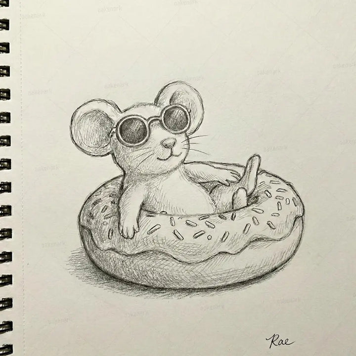 Illustration of a mouse in sunglasses on a donut, drawn in pencil on a spiral-bound notebook.