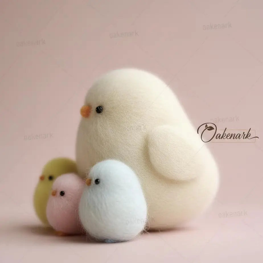 Three fluffy toy chicks in various colors on a pink background with &