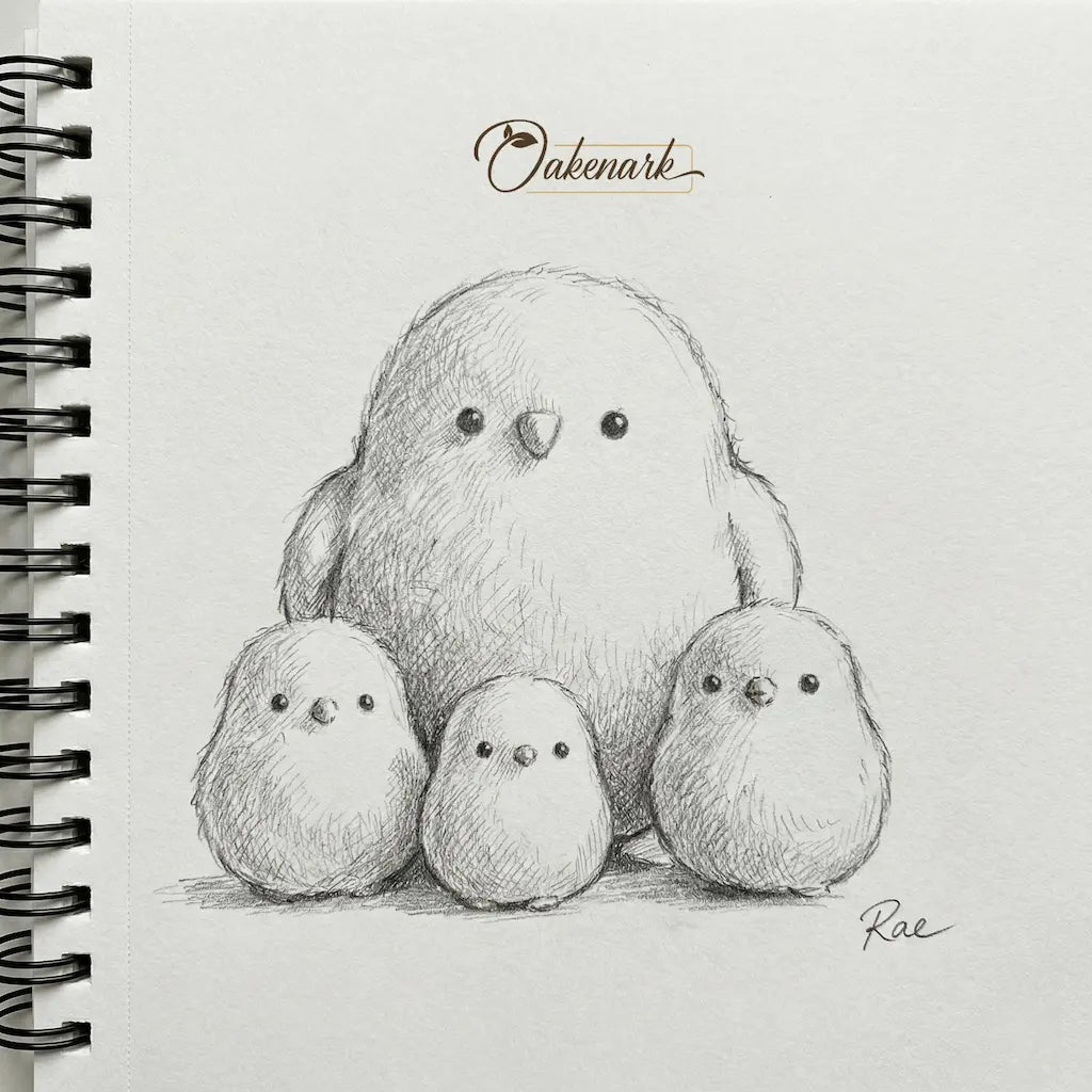Illustration of a bird with three chicks on a notebook page, featuring the brand &