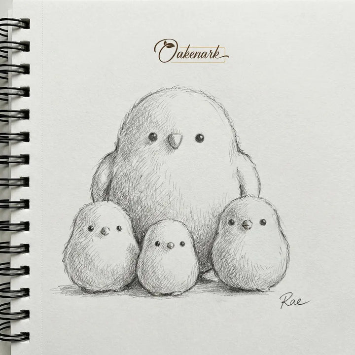 Illustration of a bird with three chicks on a notebook page, featuring the brand &