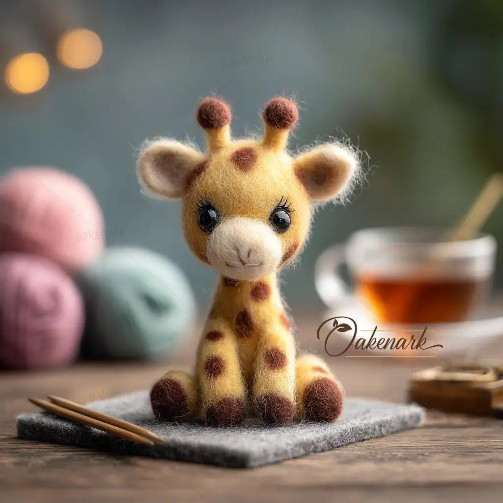 Handmade felt giraffe toy on a wooden surface with yarn and a cup in the background.