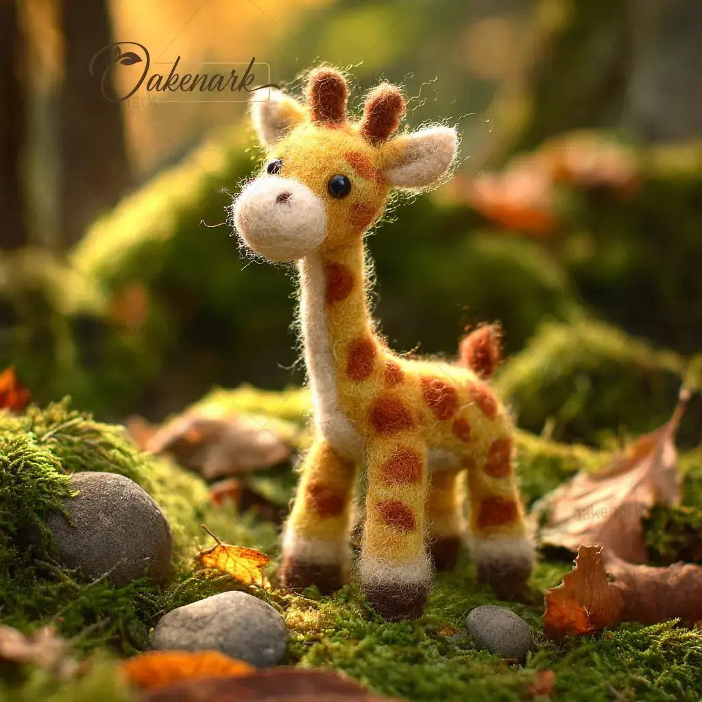 Stuffed giraffe toy in a forest setting with blurred background