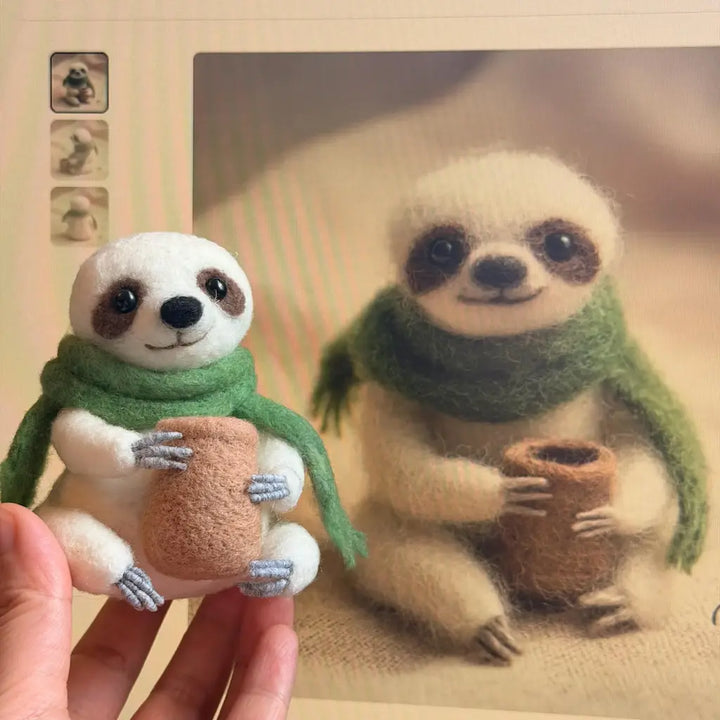 Sloth figurine with a green scarf and brown pot held by a hand, with a blurred background