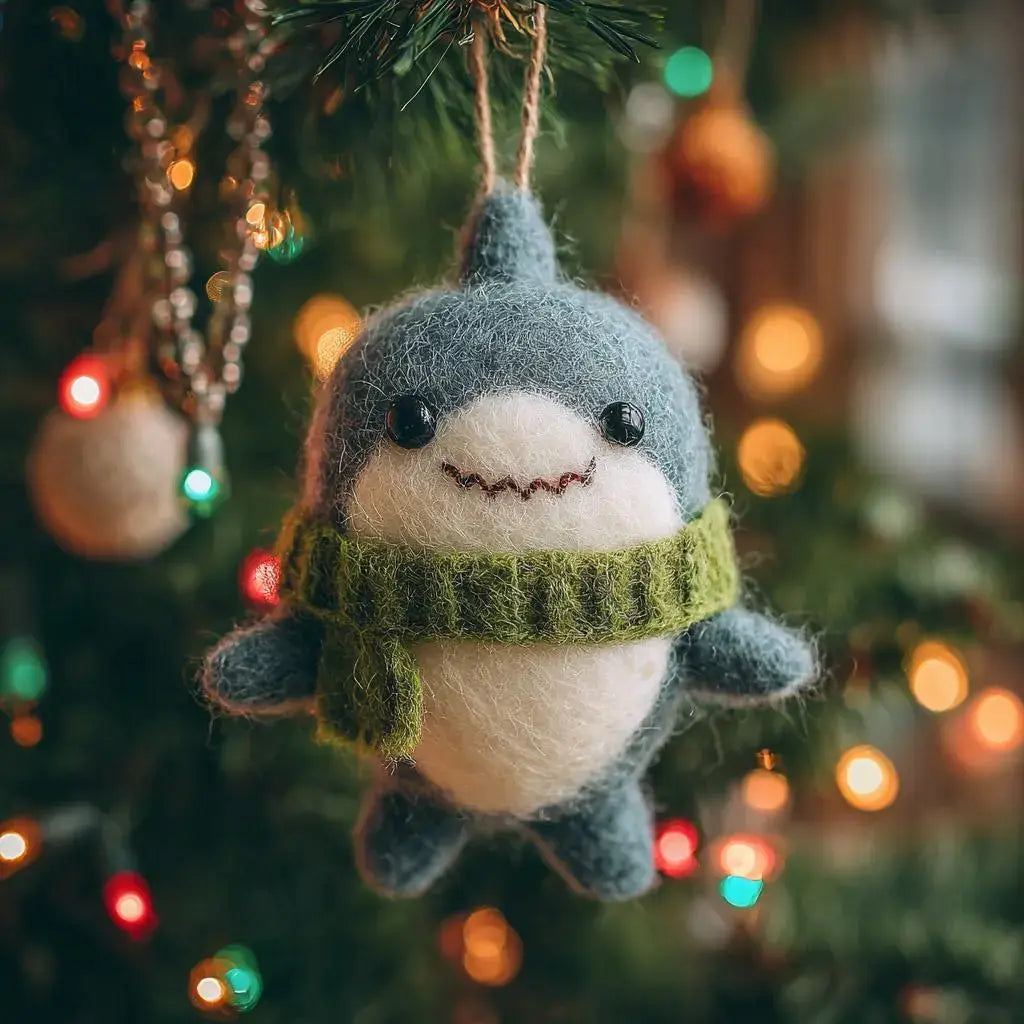 Felt shark ornament with a green scarf hanging on a decorated Christmas tree.
