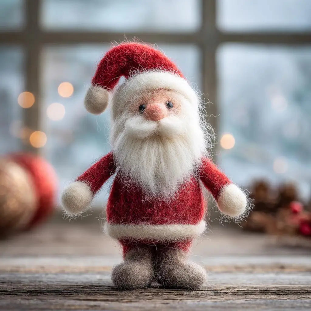 Felted Santa Claus figurine on a wooden surface with blurred lights in the background