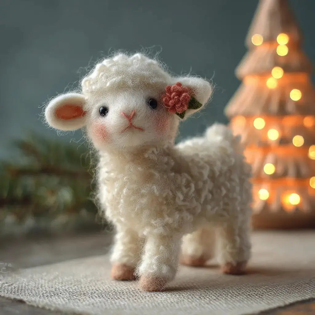Small white lamb figurine with a flower on its head, standing on a textured surface with a blurred background featuring lights and greenery.