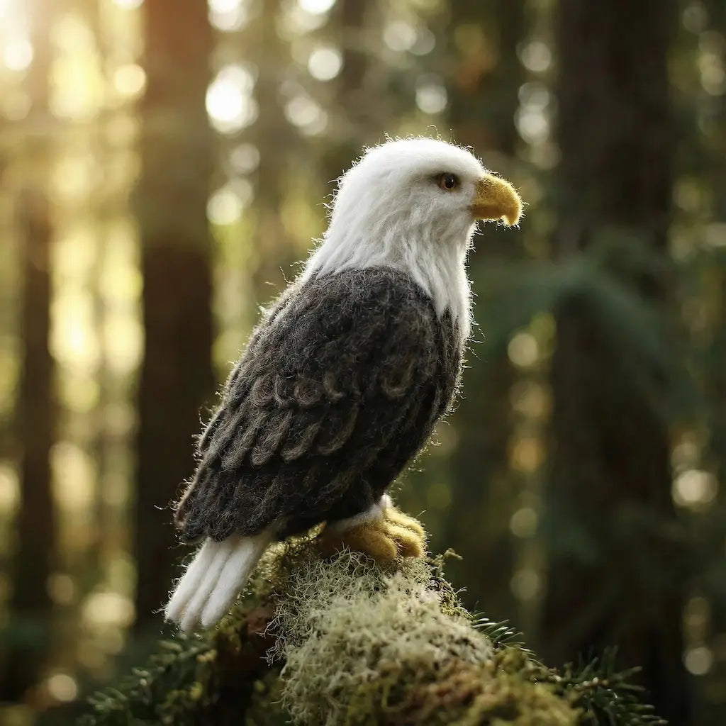 Felted bald eagle perched on a branch with a forest background