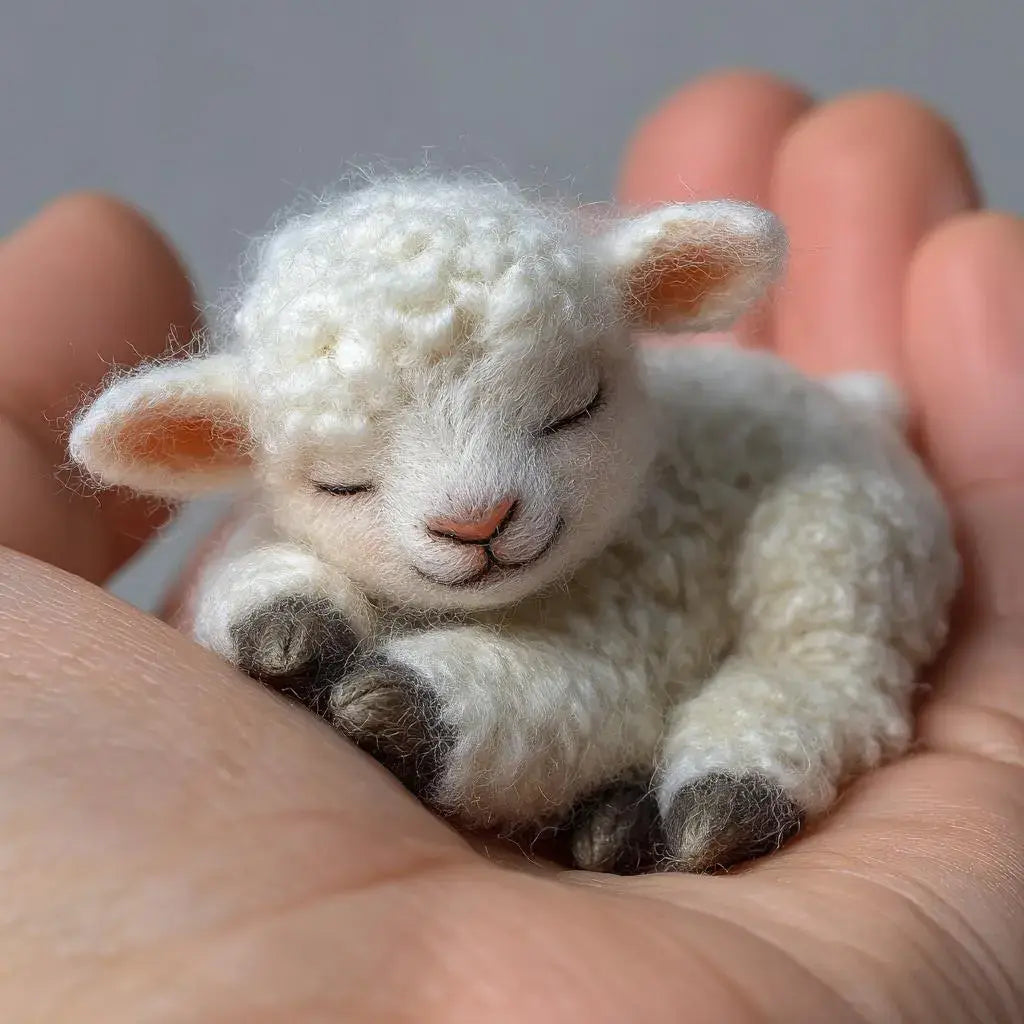 Small white lamb plush toy held in hands against a neutral background