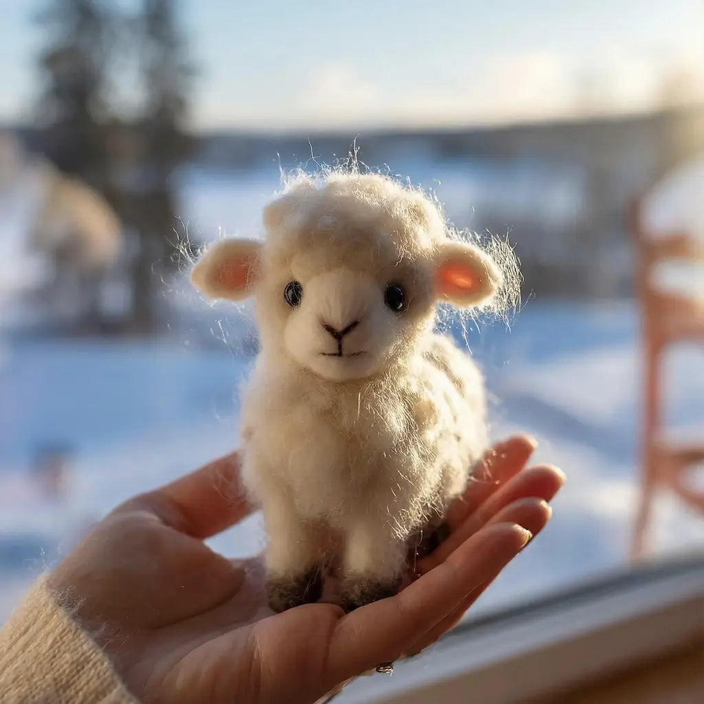Small fluffy white lamb held in a hand with a blurred snowy background
