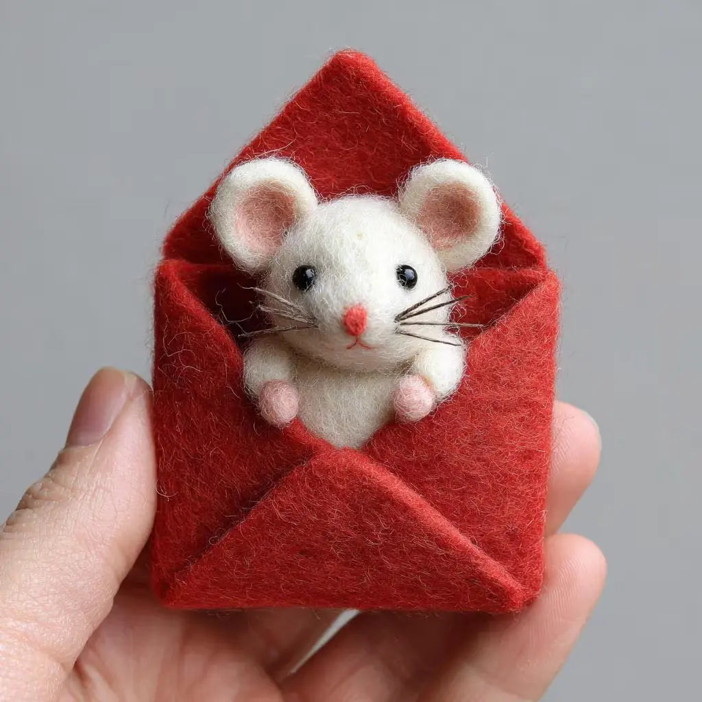 Felted mouse toy inside a red felt envelope held in a hand against a gray background