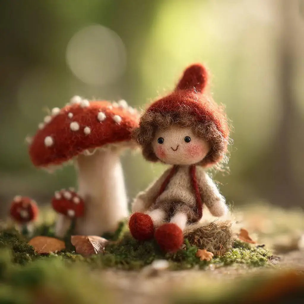 Small figurine of a child in a red hat sitting next to a mushroom in a forest setting.