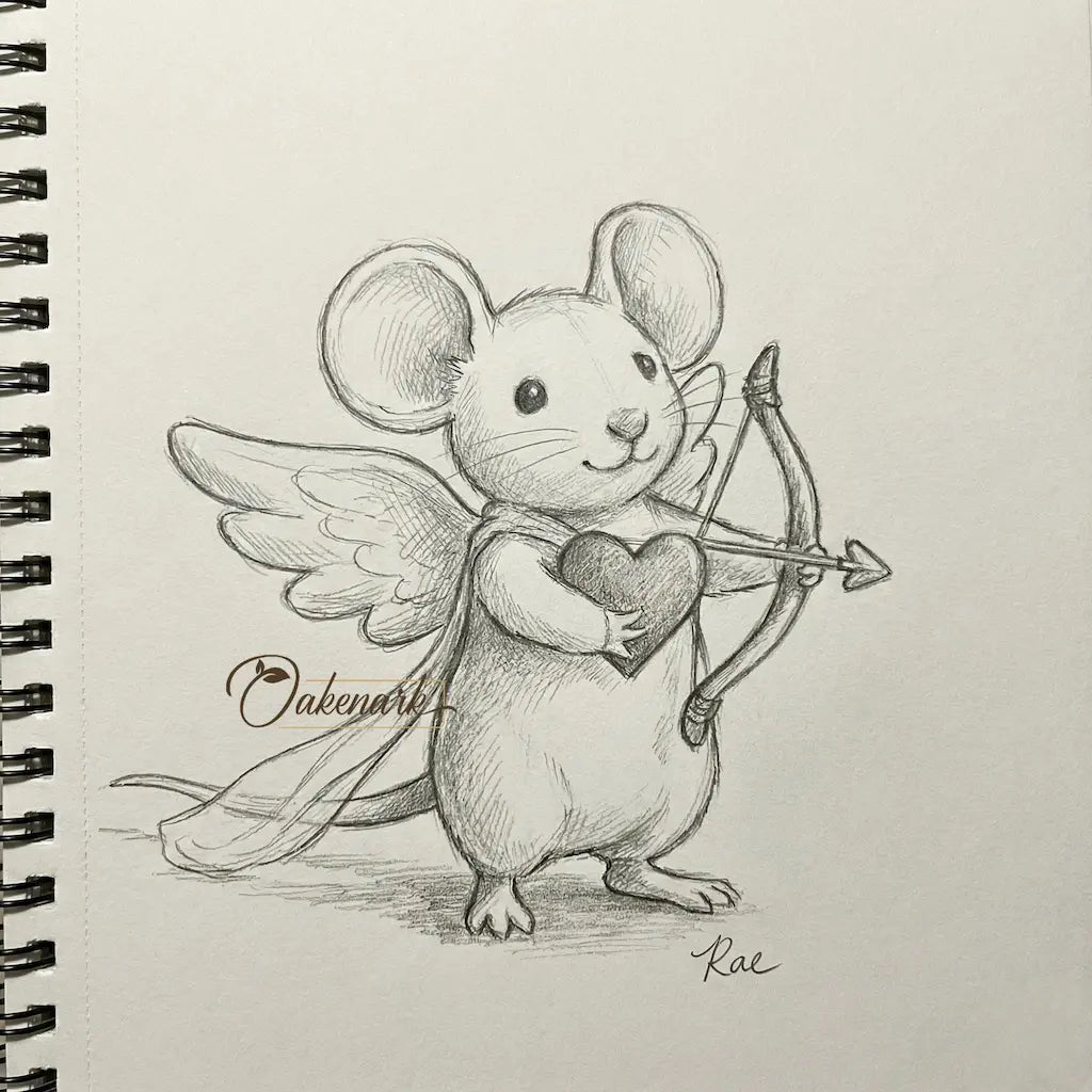 Illustration of a mouse with wings holding a heart and bow on a notebook page.