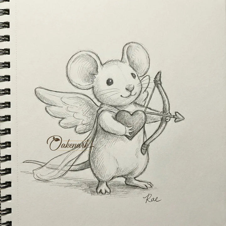 Illustration of a mouse with wings holding a heart and bow on a notebook page.