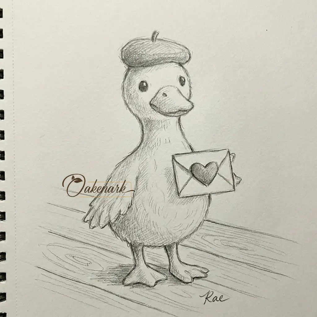 Duck holding a heart-shaped letter with &