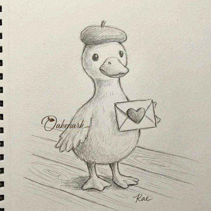 Duck holding a heart-shaped letter with &