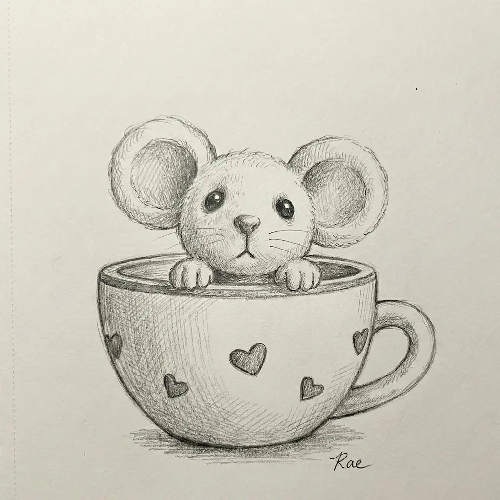 Illustration of a small mouse in a teacup with heart patterns on a beige background