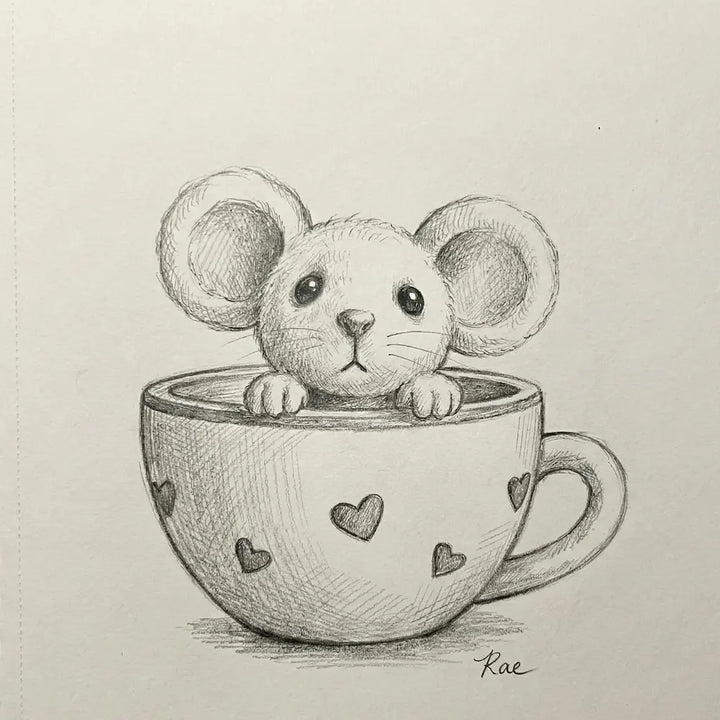 Illustration of a small mouse in a teacup with heart patterns on a beige background