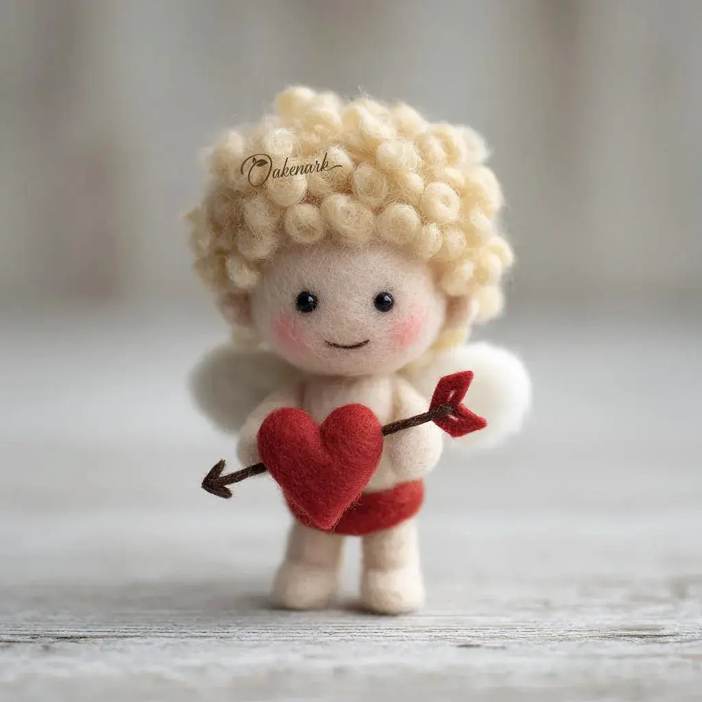 Toy figure of a character with blonde hair and a red heart, standing on a wooden surface.