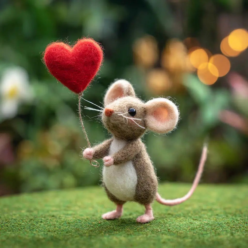 Stuffed mouse holding a red heart balloon with a blurred natural background