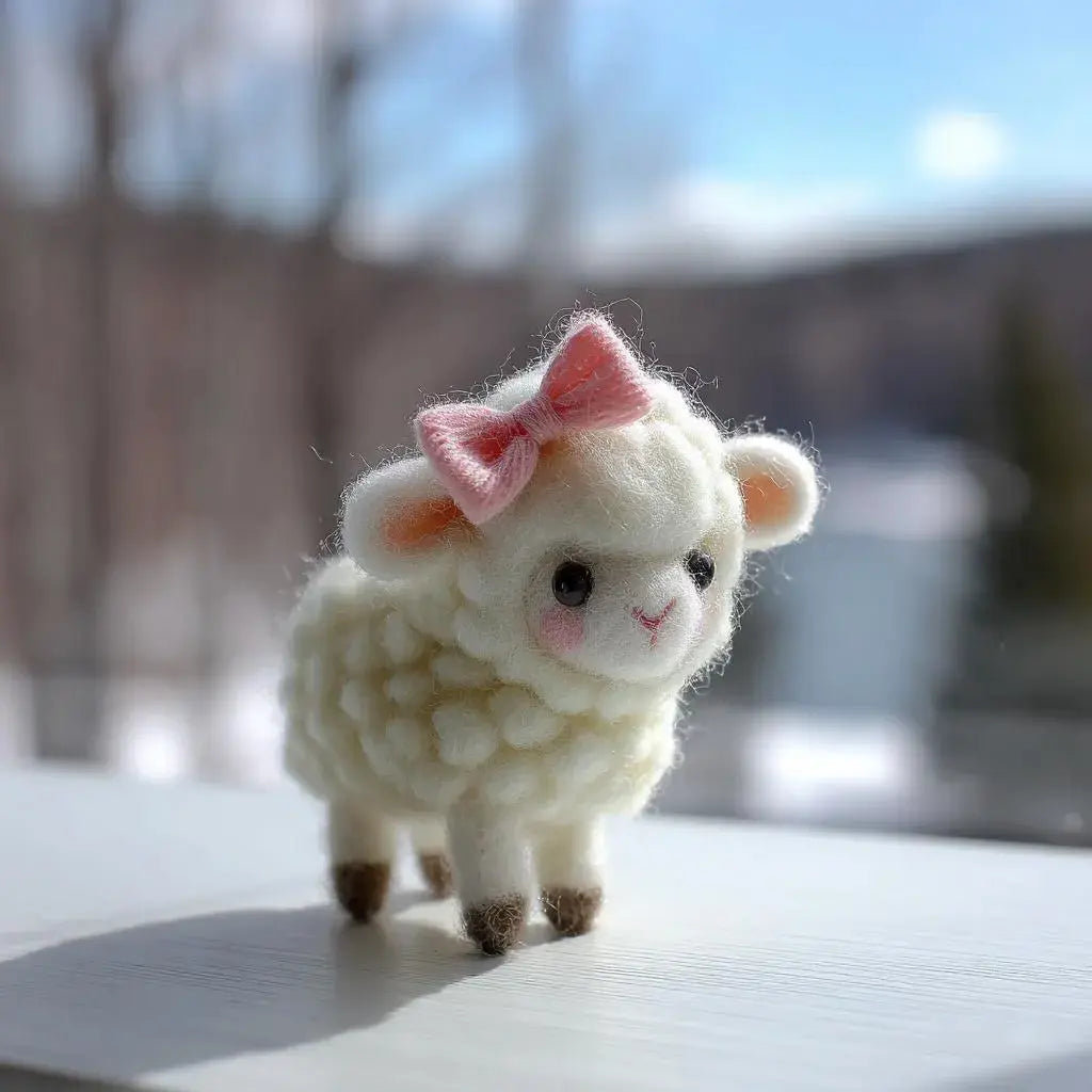 Small white plush lamb toy with a pink bow on a blurred outdoor background
