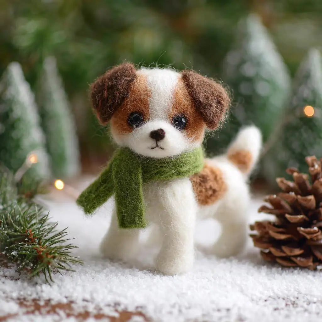 Small dog figurine wearing a green scarf in a snowy scene with pine trees.