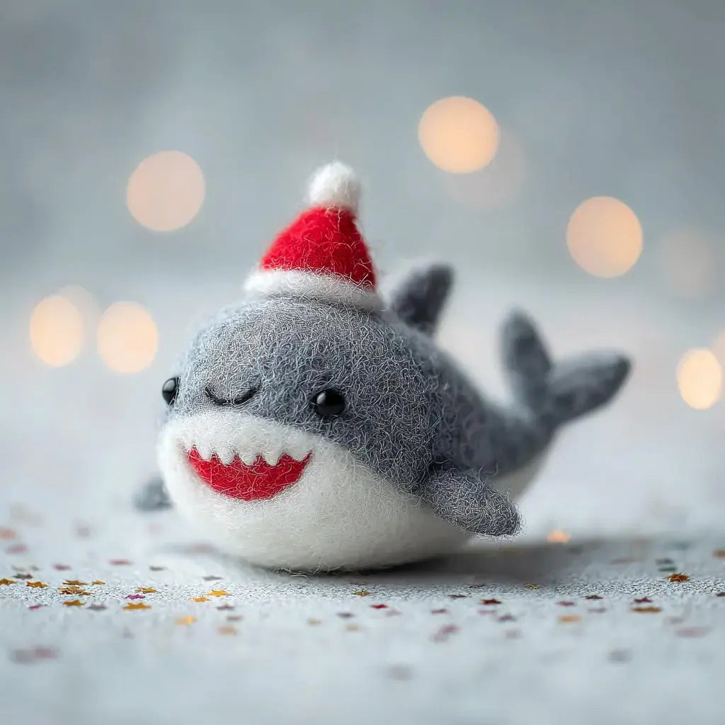 Plush shark toy wearing a Santa hat on a soft surface with a blurred light background