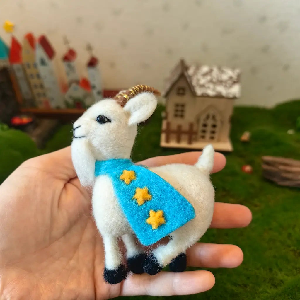 Handcrafted Felt Goat with Star Cape and Soccer Ball