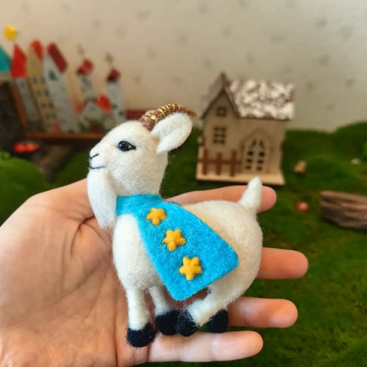 Handcrafted Felt Goat with Star Cape and Soccer Ball