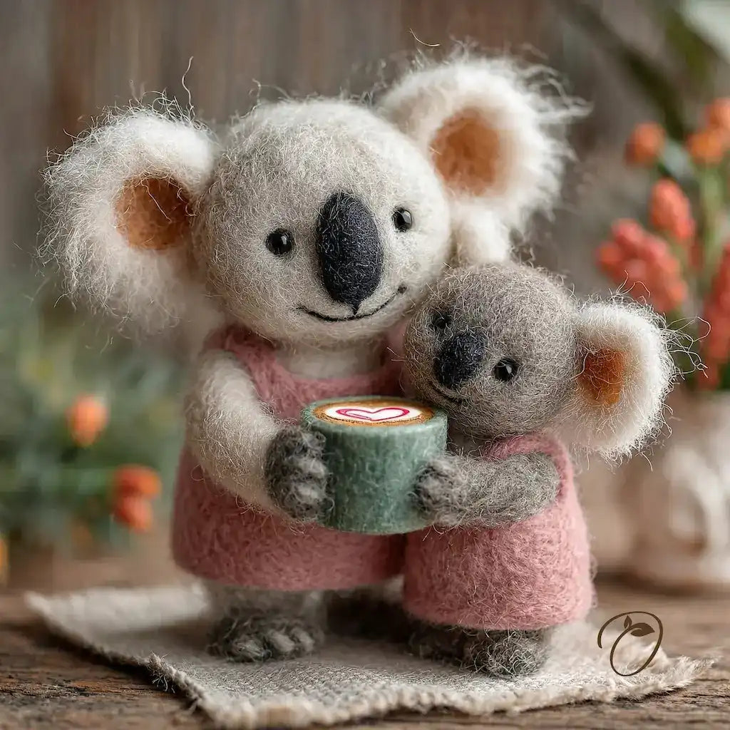 Two felted koala toys holding a cup with a heart design on a wooden surface.