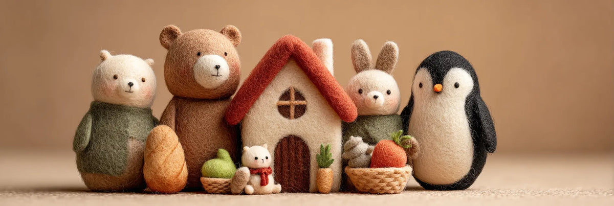 Handmade wool felt bear, bunny and penguin beside a red-roof cottage with housewarming gifts
