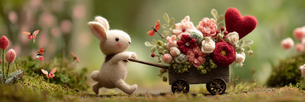 Handmade wool felt bunny pulling a flower cart filled with red and pink blooms for Mother’s Day