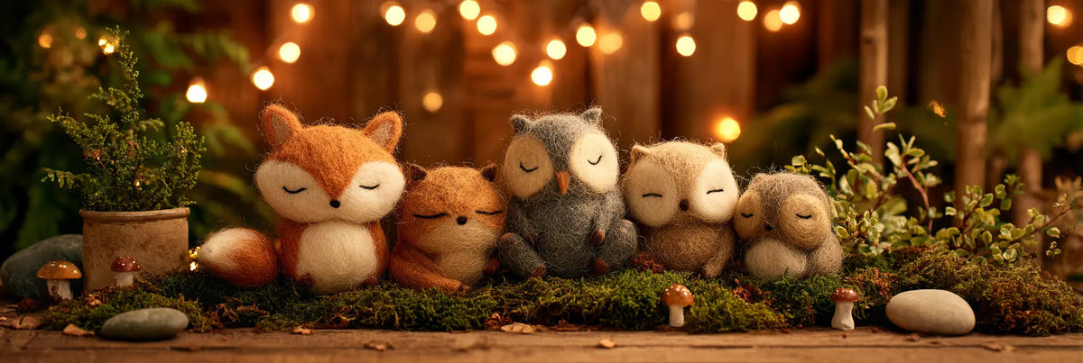 Handmade wool felt woodland animals resting together among moss and warm glowing lights