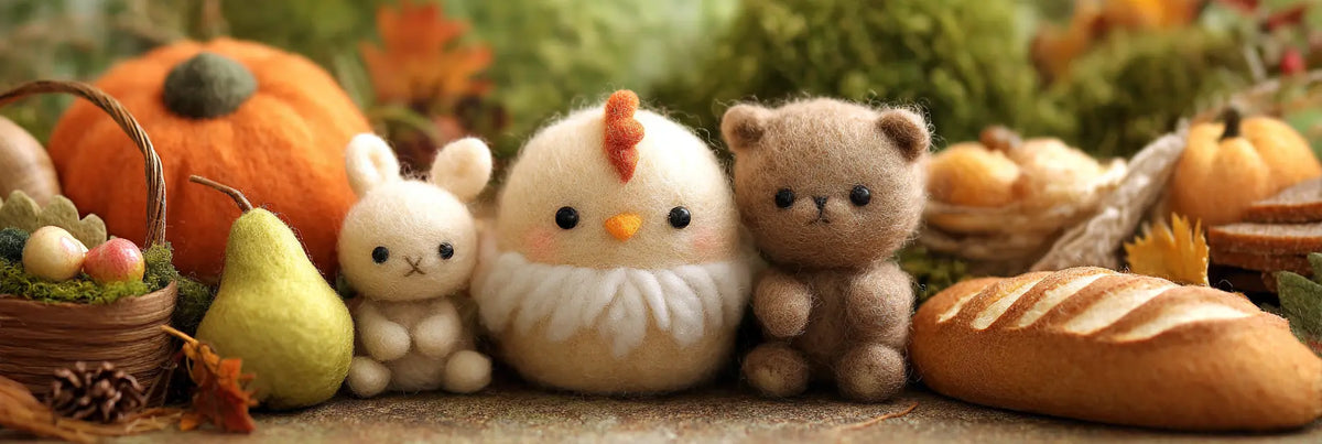 Handmade wool felt bunny, chick and bear gathered with pumpkins, pears and bread for a Thanksgiving harvest