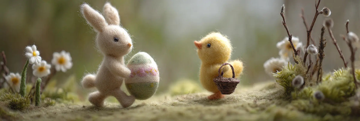 Handmade wool felt bunny and chick carrying Easter eggs through a spring meadow with daisies