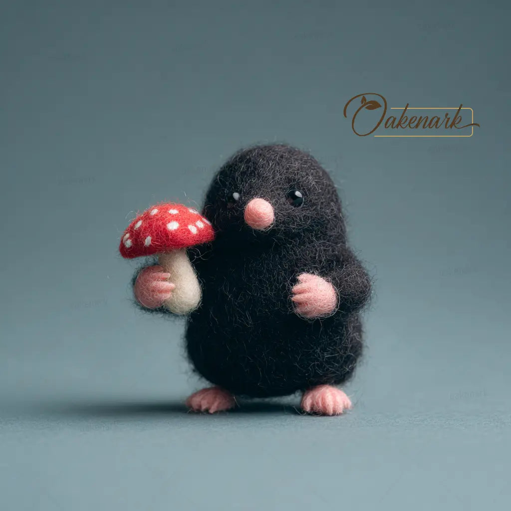 Toy mole holding a red mushroom with white spots on a gray background