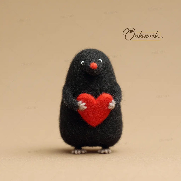 Black plush toy with a red heart on a beige background