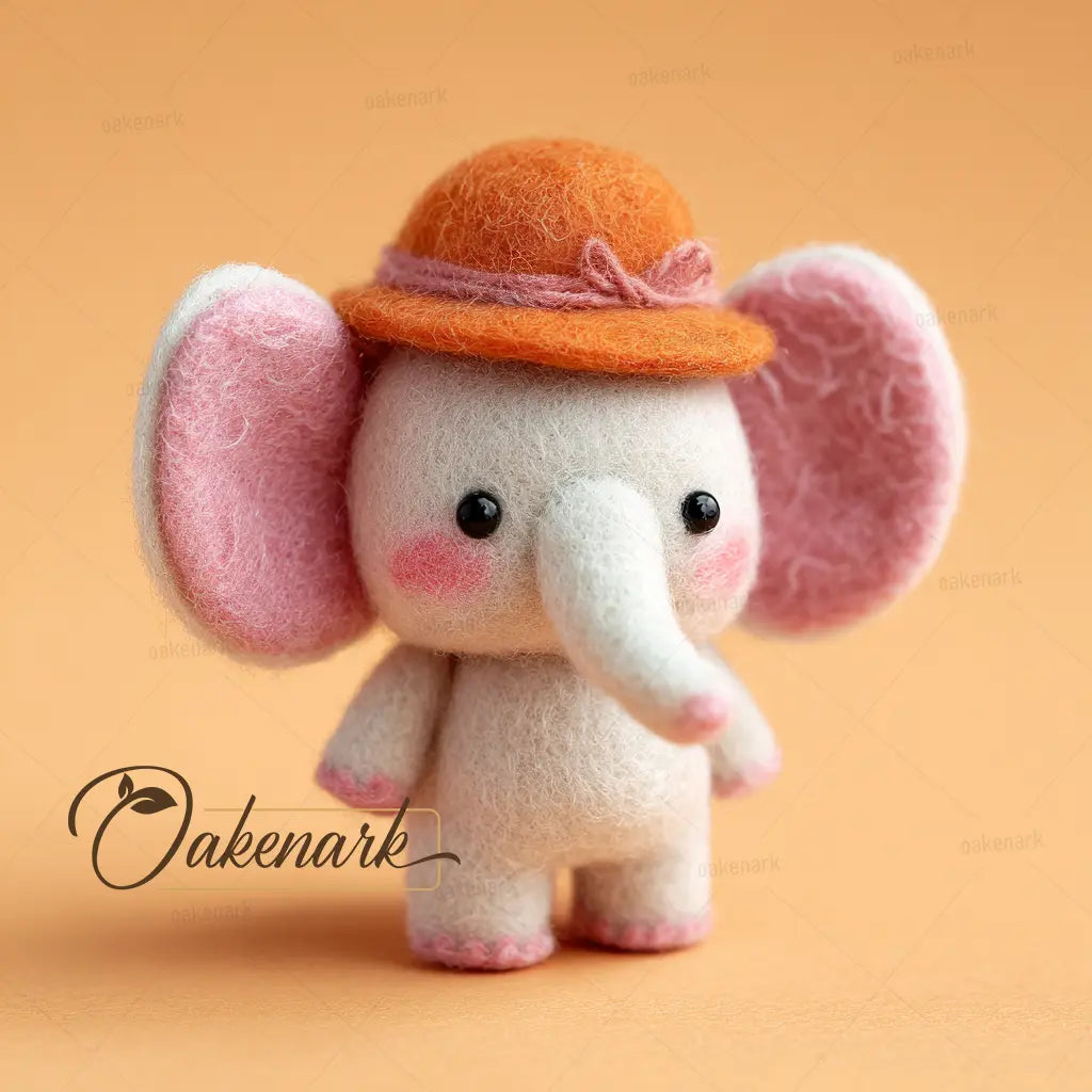 Toy elephant with a brown hat on an orange background, featuring the brand 'Oakenark'.