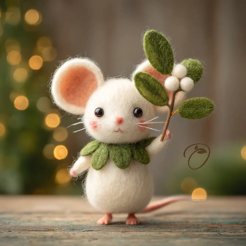 Cream white felt mouse with a green leaf collar holding a mistletoe sprig with white berries