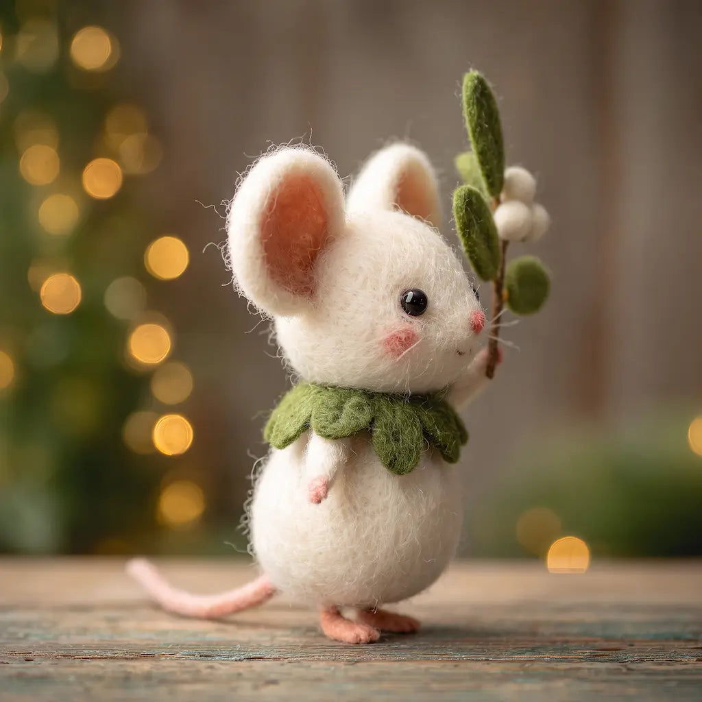 Side view of a felt mistletoe mouse with pink ears, rosy cheeks and a curling pink tail