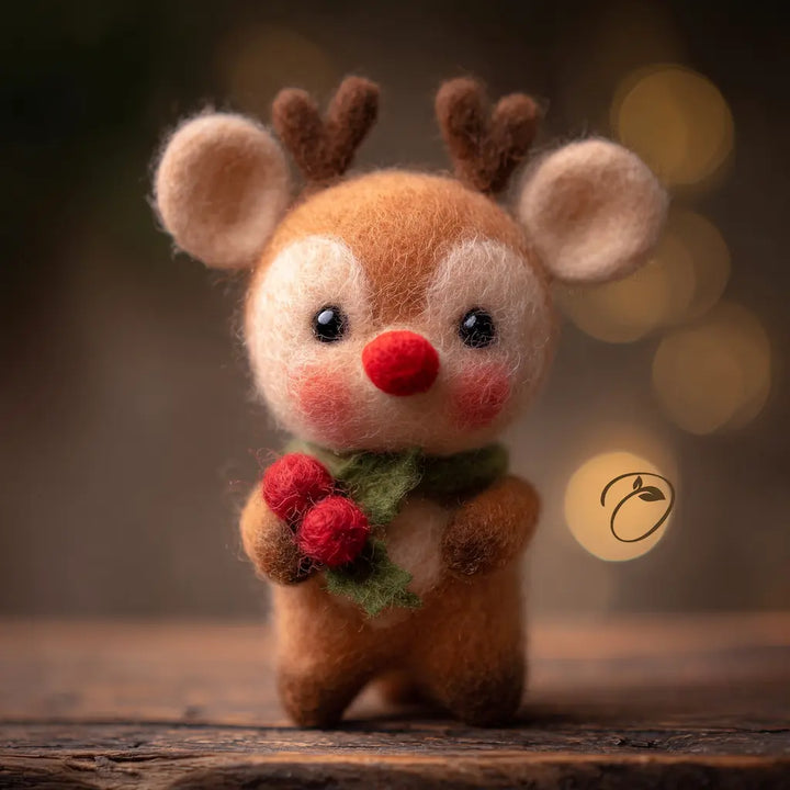 A small felted wool deer figurine with brown antlers, a red nose, pink cheeks, and a green scarf holding red berries, standing on a wooden surface against a warm blurred background.