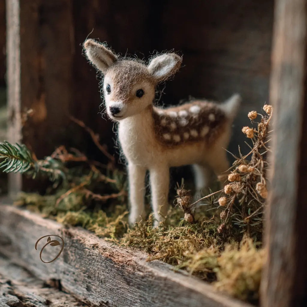 A handcrafted felted wool baby deer fawn figurine standing on a mossy forest floor diorama with rustic wooden borders.