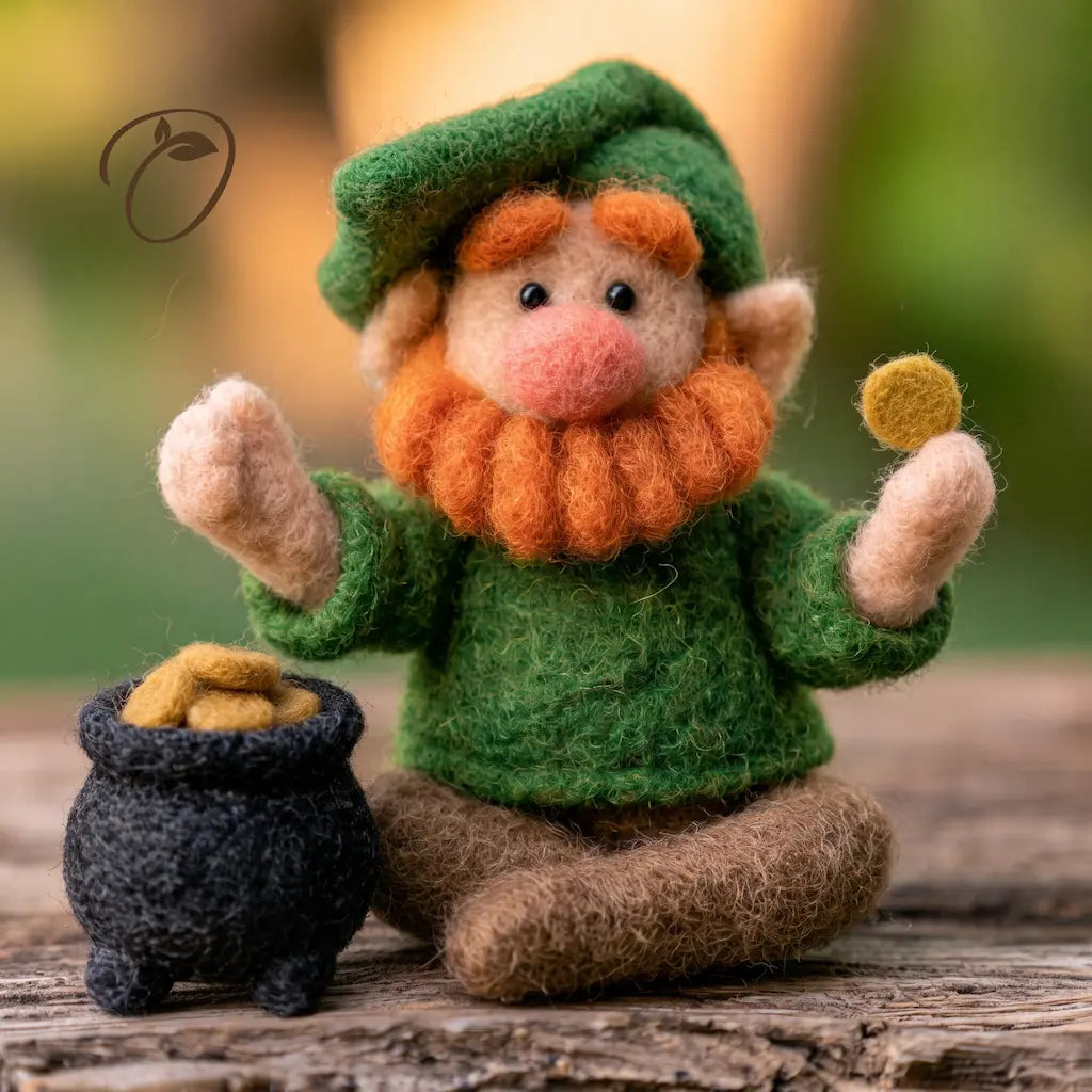 Front view of a green-hatted felt leprechaun holding a gold-colored coin beside a black pot of felt coins.