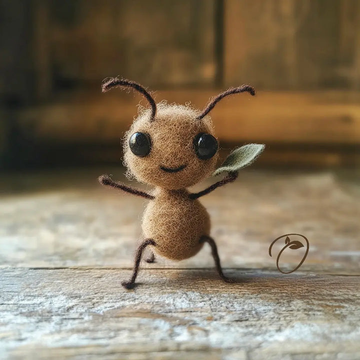A small handmade felt ant figurine with a brown fuzzy body, dark brown antennae and legs, a simple stitched smile, and a green leaf on one leg, standing on a rustic wooden surface.
