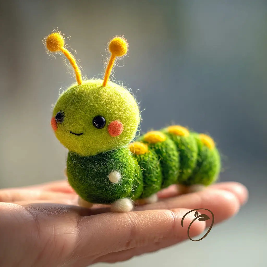 A small felt caterpillar toy with a bright green body, yellow antennae, and pink cheeks, resting on a person's hand against a soft blurred background.